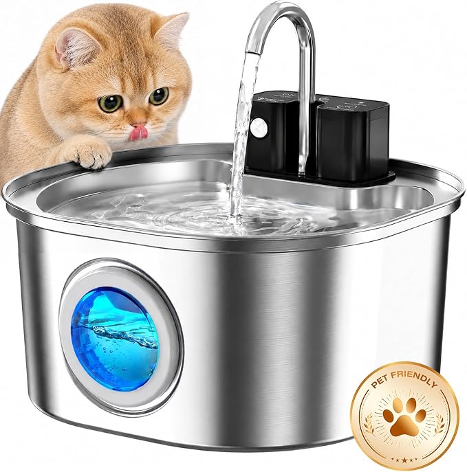 Voluas Stainless Steel Cat Water Fountain, Wireless, 108oz/3.2L, 1 Filter | Cordless Design, Ultra-Quiet Pump, Easy to Clean, BPA-Free by Voluas