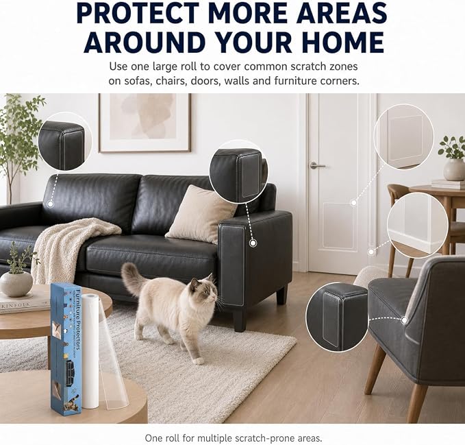 Cat Scratch Furniture Protector for Leather Couch, Clear Self Adhesive Cat Scratch Tape, Removable No Residue Couch Protector from Cats for Sofa Corners, Walls, Doors, 197 x 11.8 in - Image 9