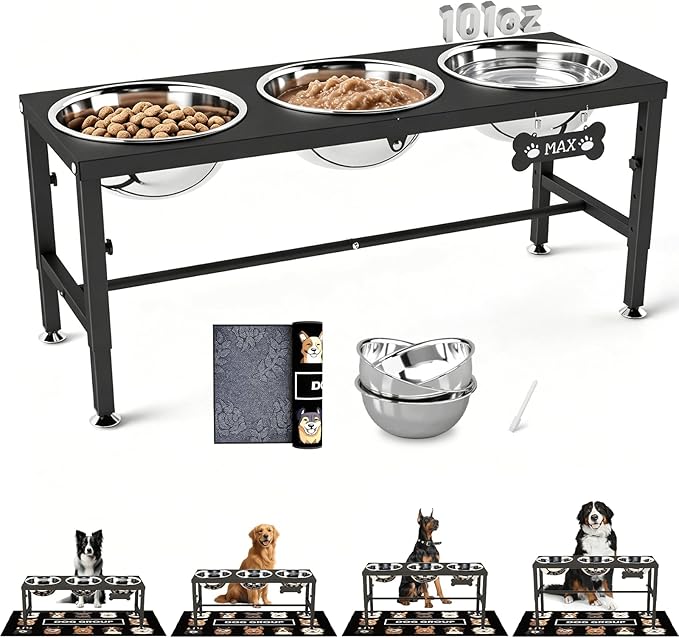SHAINFUN Elevated Dog Bowl Stand for Large Dogs& Extra Large Dogs with 3 Bowls 101oz– 4 Adjustable Height Raised Pet Feeder with Anti-Spill Mat, Stainless Steel Food & Water Station by SHAINFUN