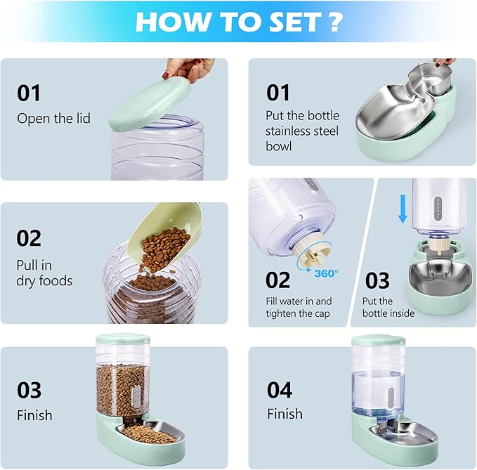 Automatic Cat Feeder and Water Dispenser with Stainless Steel Bowl Gravity Food Feeder and Waterer Set for Small Medium Dog Puppy Kitten 1 Gallon x 2(Green) - Image 4