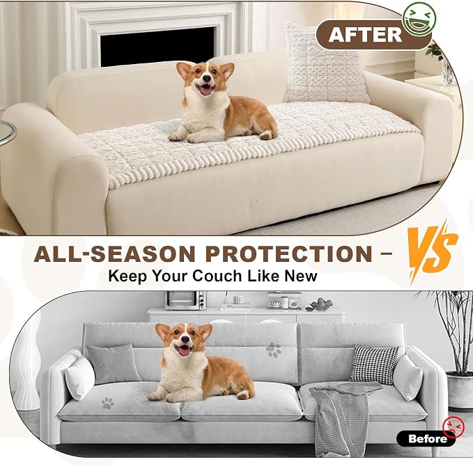 OTOB All Seasons Sofa Covers for 3 Cushion Couch Washable, Geometric Jacquard Fuzzy Non-Slip Pet Couch Cover, Kids Pet Friendly Soft Plush Sofa Slipcovers Dog Bed Mats (Off White, 27.6" x 70.9") - Image 2