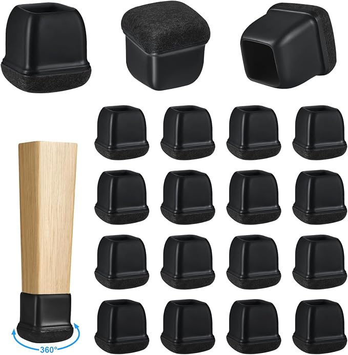 16 Pack Chair Leg Floor Protectors for Hardwood Floors, Square Rubber Furniture Sliders, 360°Felt Pad Bottom Wrapped Thickening Silicone Furniture Legs Caps Covers(Square,Black-M) by Yarehand