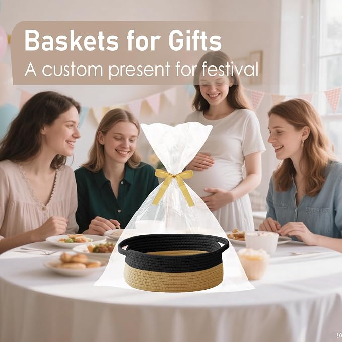JMvicyroam Small Woven Basket, Empty Gift Basket, Black&Jute/2 Pack | Small Gift Basket, Cotton Rope, 12 x 8 x 82 in, Handles, Includes Ribbon and Bag, Birthday Gift Basket - Image 4