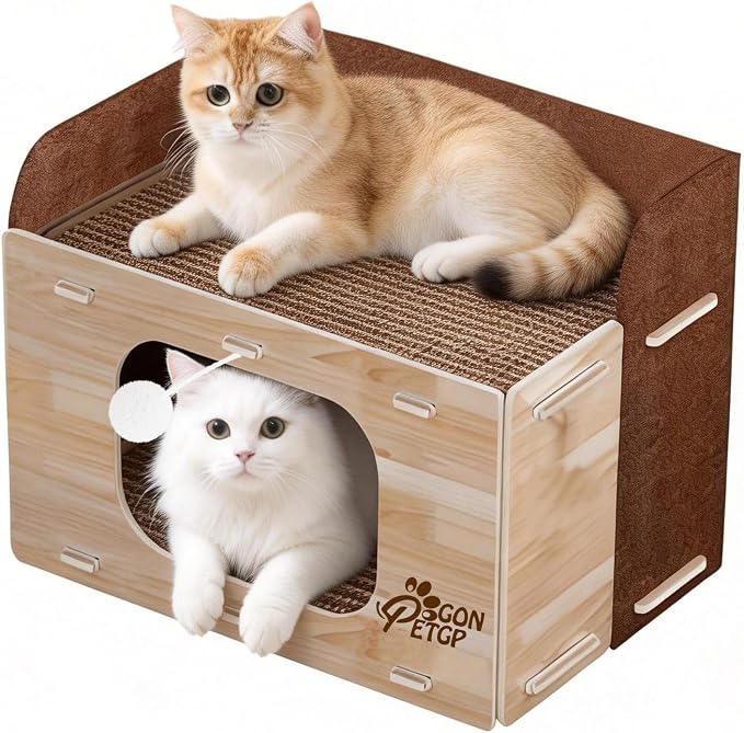 Cat Houses for Indoor Cats, Two-Story Cat Bed Cube for Multiple Small Kittens, Removable Felt Cat Cave Hideaway Condo with Fluffy Ball, Scratch Pad by GONPETGP