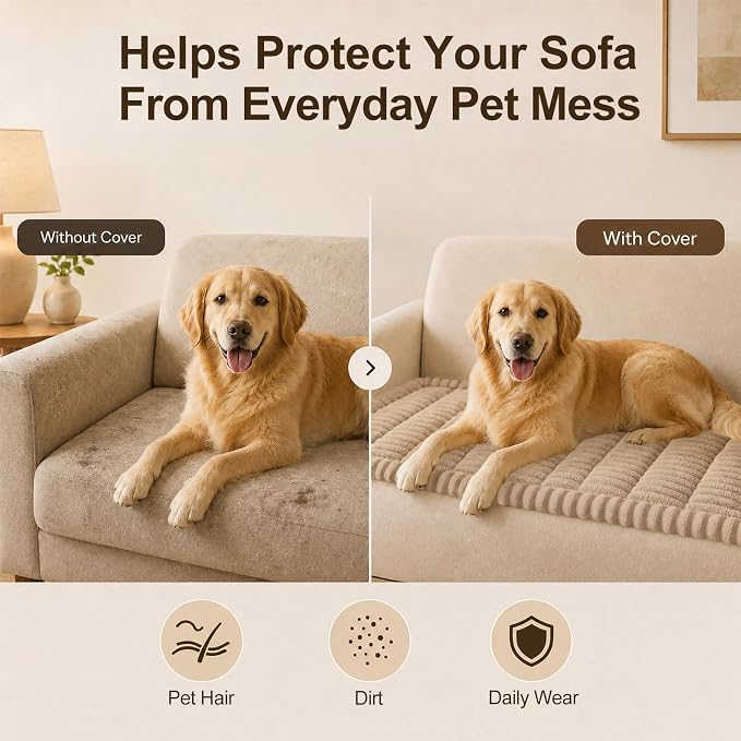 decorUhome Couch Cover for Dogs, Non Slip Fuzzy Thick Pet Sofa Protector | Pet Friendly, Couch Covers for Sofa, Machine Washable, Fits Armrests, Single Seats & Backrest Cushions, Khaki, 27.6" x 27.6" - Image 5