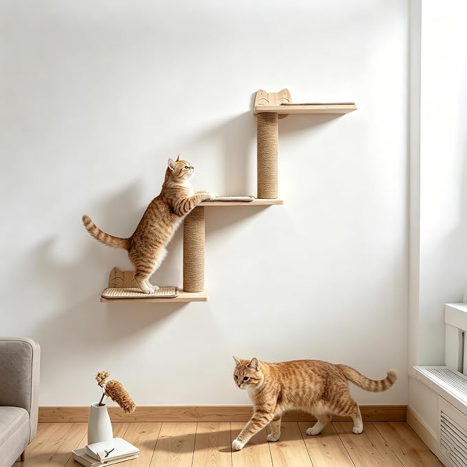 3-in-1 Cat Wall Shelves, Reversible Cat Wall Steps & Sisal Mat | Jute Scratching Post, Solid Pine Wood Cat Wall Furniture, Corner Cat Stairs for Climb Nap Scratch, Fits 16" Stud Drywall - Image 2