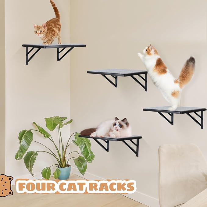 Cat Wall Shelves Set of 4, Purrfect Cat Furniture Set - 4 Piece Wooden Wall Shelves with Scratching Pad, Sleeping & Playing Area, Window Perch for Large Cats - Black - Image 3