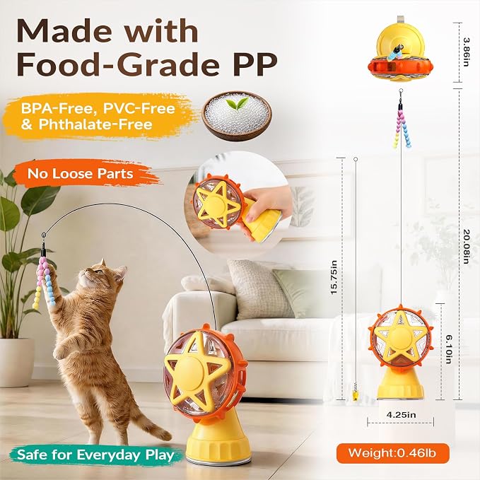 Interactive Cat Toy with Treat Dispenser & Wand Teaser Indoor Cats(Yellow) | Stable Suction Base Design|Adjustable Treat Opening|Indoor Cat Boredom Relief|Hunting Instinct Stimulation - Image 7