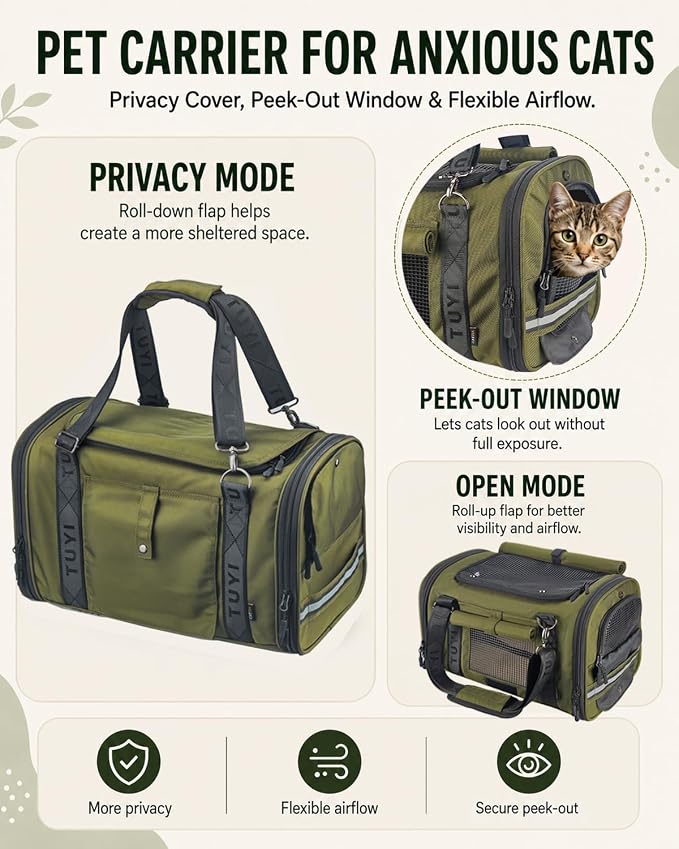 Soft-Sided Cat Carrier for Anxious Cats, Privacy Flaps 17x9.5x10.5in | 1680D Nylon, Metal Hardware, Reinforced Resin Mesh, Locking Zippers & Anti-Sag Base for Vet, Car and Under-Seat Air Travel. - Image 4