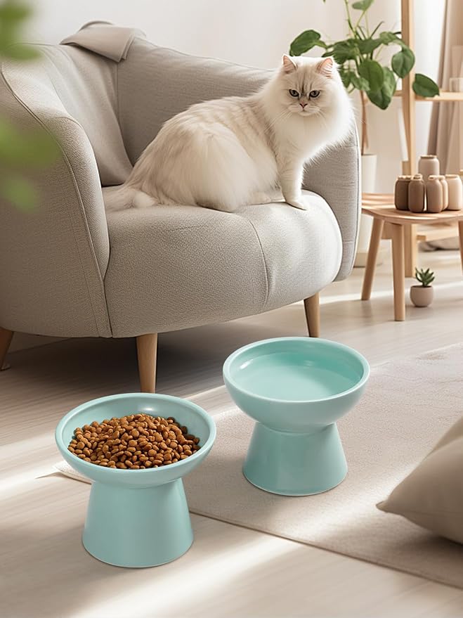 LoeJan Elevated Cat Food and Water Bowls Set, Extra Wide and Raised Ceramic Feeder, Anti-Vomit Whisker-Free Pressure Feeding Bowl for Kittens Adult Small Dogs (Blue, Food Bowl) - Image 7