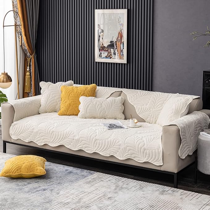 Couch Covers Plush Quilted Sofa Covers for Sectional Sofa Washable | Palm Leaves Couch Cover Chenille Non Slip Sofa Covers Soft Sofa Slipcover Furniture Protector for Pets Kids Children Dogs Cat - Image 3