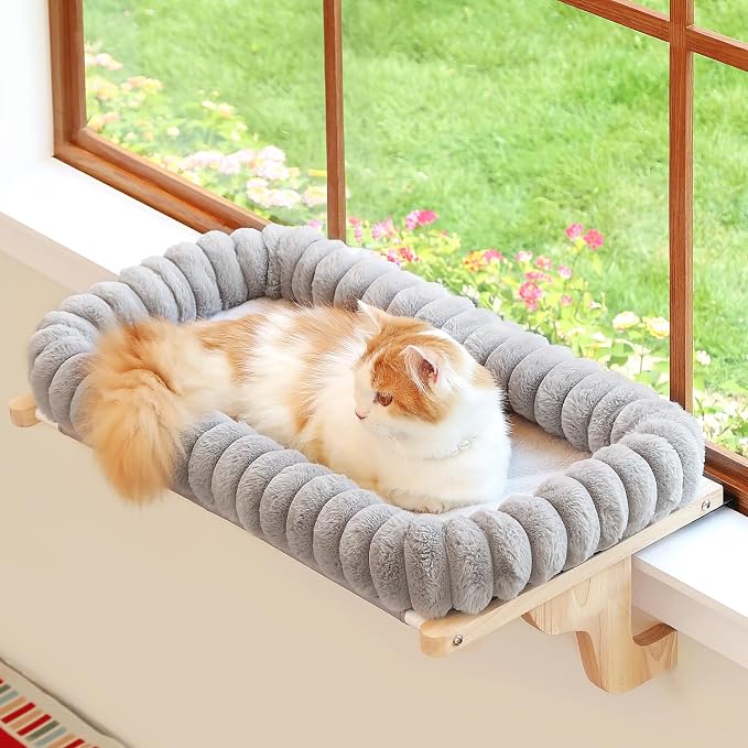 Zakkart SnugCloud Cat Perch for Window Sill with 4-Sided Bolster - Orthopedic Cat Window Hammock - Solid Hardwood & Metal Frame - Window Seat for Pets (Natural Color Wood w/Gray Bed, Medium) by Zakkart
