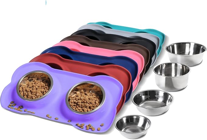 Hubulk Pet Dog Bowls 2 Stainless Steel Dog Bowl with No Spill Non-Skid Silicone Mat + Pet Food Scoop Water and Food Feeder Bowls for Feeding Small Medium Large Dogs Cats Puppies (Small, Purple) by Hubulk