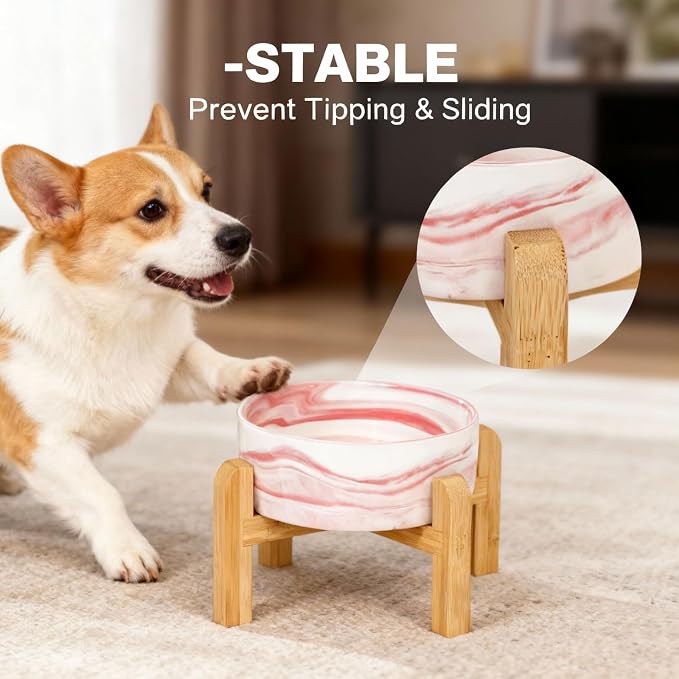 Elevated/Raised Ceramic Dog Bowl with Bamboo Stand,Marble Pattern 7 Inch 7.6 Cups Non Slip Heavy Weighted Single Pet Dish,Anti Tipping,Reduces Neck Strain Marble Pink - Image 6