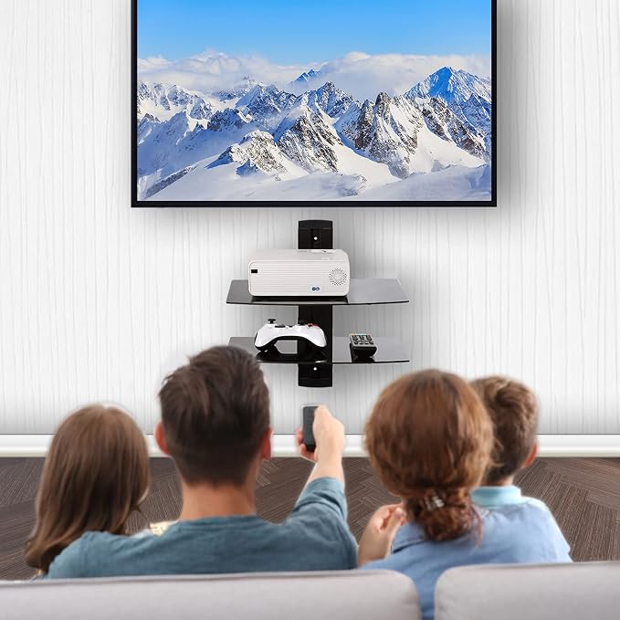 WALI Floating TV Shelf, 2 Tier Glass Projector Shelf for DVD Players, Routers, Game Consoles, Cable Boxes, Living Room Decor, Wall Mount Shelves Hold Up to 17.6lbs (CS202B), 2-Shelf, Black - Image 2