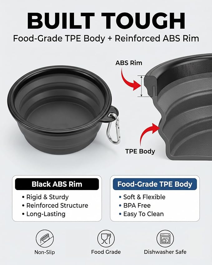 Collapsible Dog Bowls, 2 Pack Sturdy Portable Dog Water Bowls | Wear-Resistant TPE, Anti-Dust Foldable Travel Dog & Cat Bowls for Camping Walking Hiking with Carabiners - Image 2
