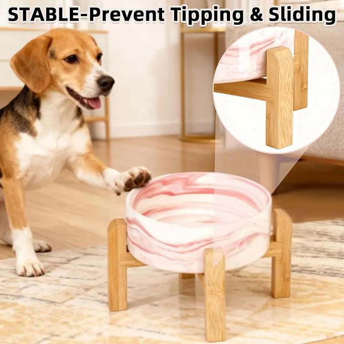 Elevated/Raised Ceramic Dog Bowl with Bamboo Stand,Marble Pattern 6 Inch 3.6 Cups Non Slip Heavy Weighted Single Pet Dish, for Small Medium Breed & Cats,Reduces Neck Strain Marble Pink - Image 6