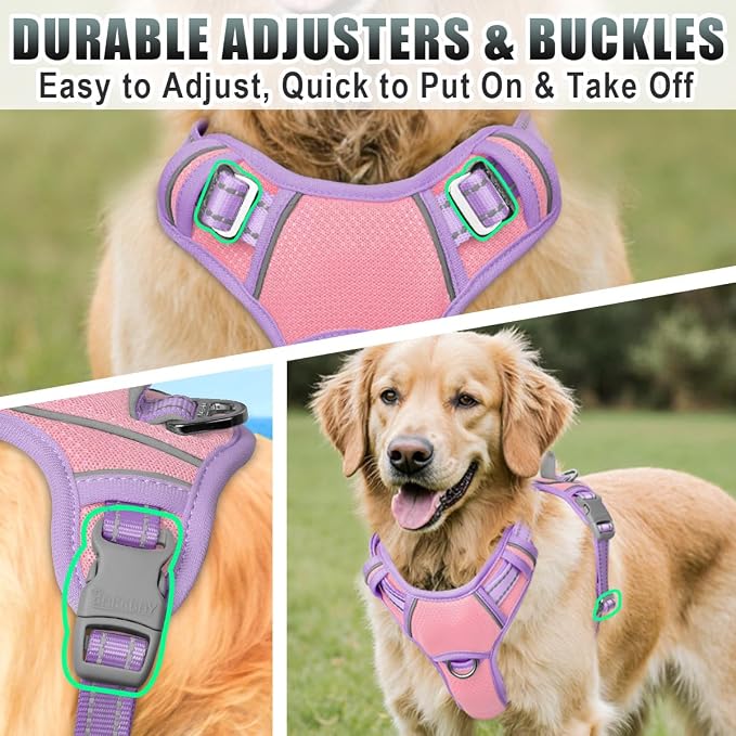 BARKBAY No Pull Dog Harness Large Reflective Dog Harness with Front Clip and Easy Control Handle for Walking Training Running with ID tag Pocket(Baby Pink & Violet Purple,XL) - Image 8