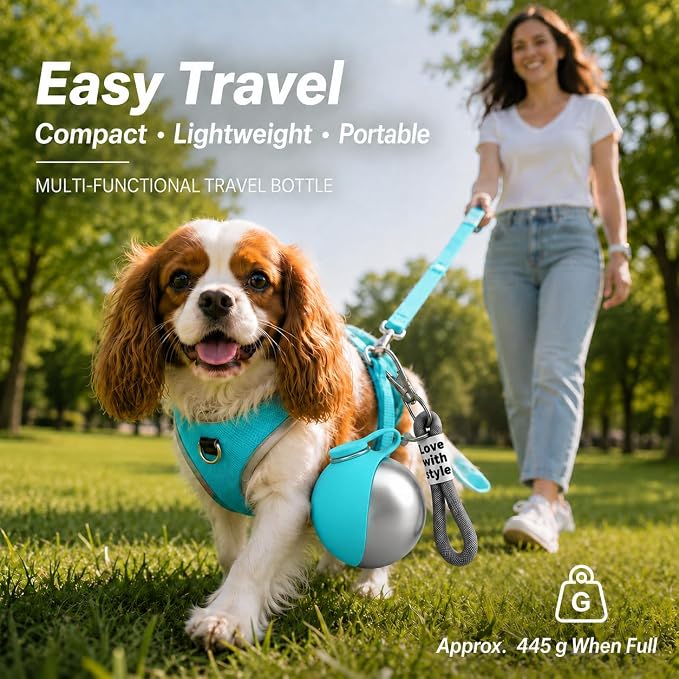 Portable Pet Dog Water Bottle with Silicone Collapsible Bowl, 10 oz Blue | Stainless Steel Pet Travel Dispenser with Rope | Dogs on Walks Hiking Accessories | Puppy Small Pets Essentials - Image 3