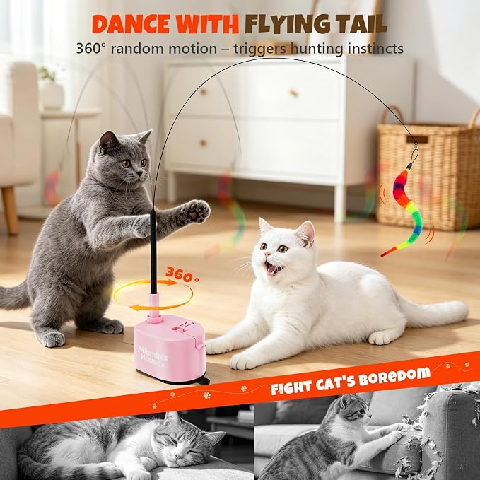 Interactive Cat Toys For Indoor Cats, 360° Flying Automatic Cat Toy, Pink | Rechargeable, Strong Suction Base, Self-Play & Handheld, Electric Spin Game Enrichment Toy, Long Kitty Wand for Bored Cats - Image 2