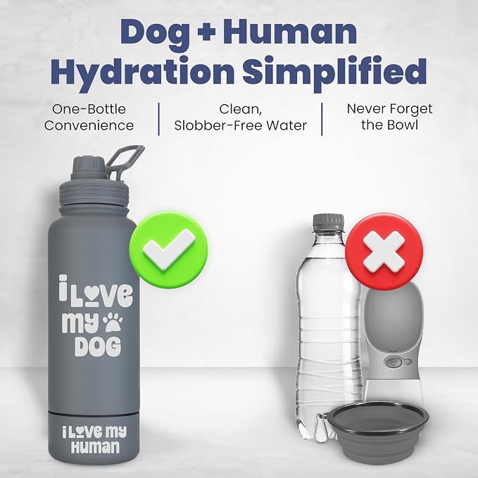 Rubyloo Dog Water Bottle with Detachable Bowl for Dog Lovers, I Love My Dog | 32oz Insulated Stainless Steel Bottle, 8oz Detachable Bowl, Leak-Proof Lid, BPA-Free, Hiking, Walking, Travel, Gift - Image 2