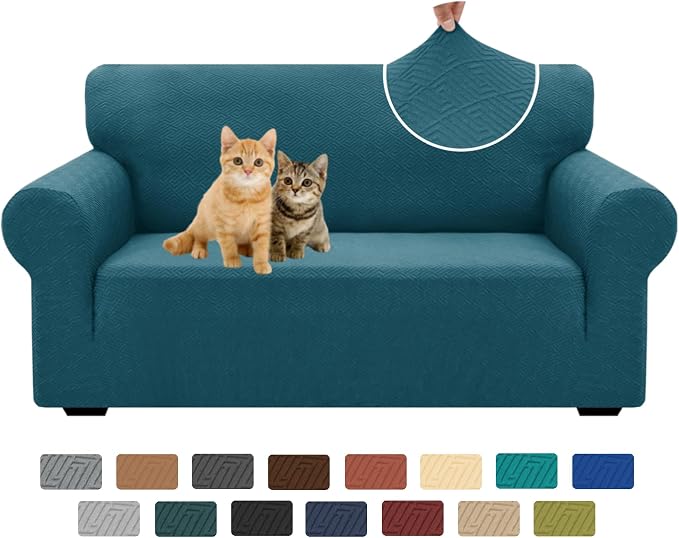 XINEAGE New 1 Piece Couch Covers for 2 Cushion (55"-69") Stretch Loveseat Sofa Cover Slipcover Jacquard Universal Furniture Protector with Elastic Bottom for Kids,Dog (Loveseat, Peacock Blue) | High-Stretch Fabric. Wear-Resistant, Pet Friendly. Easy In... by XINEAGE
