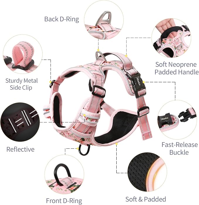 HEELE Dog Harness, No Pull Adjustable Padded Reflective Harness for Small Medium Large Dogs with Handle for Walking Training, Flower-Pink, L | Reflective Front Clip Vest with Control Handle, No Choke, Adjustable 2 Metal Rings for Outdoor Walking Training - Image 2