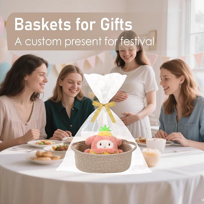 JMvicyroam Small Woven Basket, Empty Gift Basket, Oatmeal/3 Pack | Small Gift Basket, Cotton Rope, 12 x 8 x 14 in, Handles, Includes Ribbon and Bag, Birthday Gift Basket - Image 4