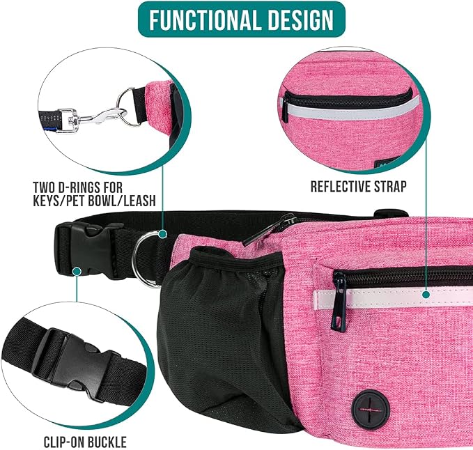 PetAmi Dog Fanny Pack, Treat Pouch for Dog Walking Training, Pink | Built in Poop Bag Dispenser, Water Bottle Holder, Collapsible Bowl, Pet Treat Waist Belt for Hiking Running Kibbles - Image 4
