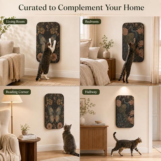 2 Pack Cat Wall Scratcher, Art Cat Scratching Board for Cats | Wall Mounted Cat Scratch Pad, Water-Based Ink, Hook&Loop Strips, Floor or Wall Use, 16.7x11x1 Inch, Butterfly & Peacock - Image 9