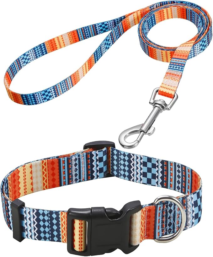 Mihqy Dog Collar and Leash Set, for Medium Dogs, Bohemian Orange Set,M | with Bohemia Tribal Geometric Patterns, Adjustable for Small Medium Large Dogs, Comfortable for Walks and Outdoor Hikes by Mihqy