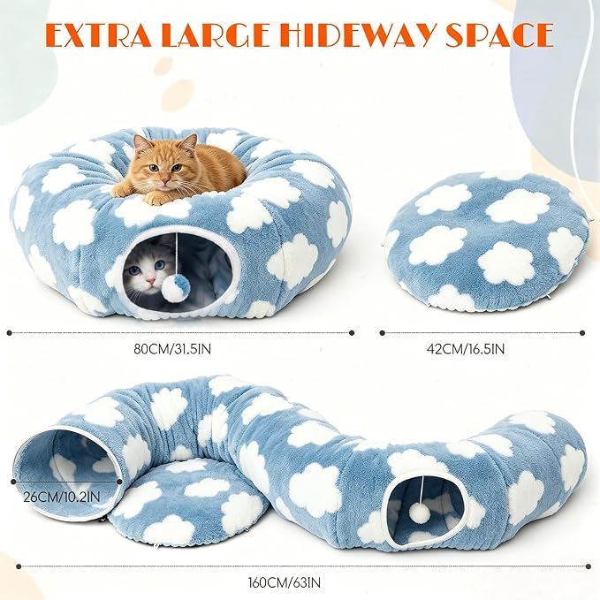 Cat Tunnel Bed with Toys – Large Collapsible Play Tube (Blue) | Soft Tube for Indoor Kittens & Adult Cats – Perfect for Hide & Seek, Pouncing, and Cozy Napping, Space-Saving & Foldable - Image 5
