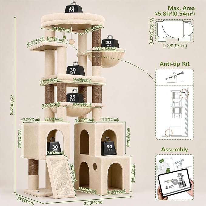 Globlazer Tall Cat Tower for Indoor Adult Cats, 72-inch, S72G, Beige | Heavy Duty Cat Tree House for Big Cats with 2 Extra-Large Padded Platform, 7 Sisal Scratching Posts, 3 Large Condos - Image 6