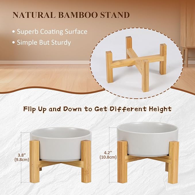 Elevated Ceramic Cat Bowl - Cat Food Bowl with Bamboo Stand - Raised Dog Dish for Puppies - Anti Vomiting, Stress Free - 13.5 oz / 400 ml - Grey - Image 5