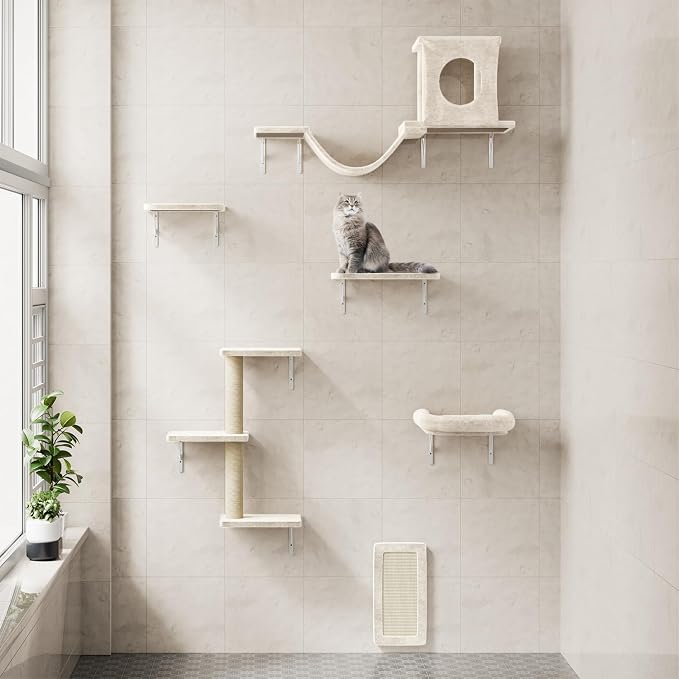 12-in-1 Cat Wall Shelves, Luxury Wall-Mounted Cat Climber Set | with Condos House, Scratching Post, Bridge Ladder, Indoor Space-Saving Furniture for Kittens, Beige - Image 8