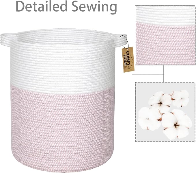 COMFY-HOMI XXL Large Laundry Basket with Handles Blanket Baskets Living Room|Woven Cotton Rope Decorative Basket Laundry Hamper Baby Basket Nursery Dog Toy Storage Organizer Bin-16”x18”-White/Pink - Image 9