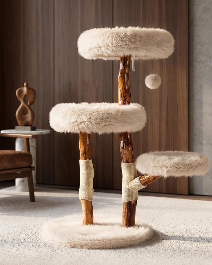 Pear Wood Branch Cat Tree, Cat Tower with Premium Faux Fur Plush | Cat Tree, Solid Pear Wood Real Branch, Deep Plush Cushions, 40 lbs Support, 3 Platforms, Natural Sisal, Modern Cat Tower - Image 7