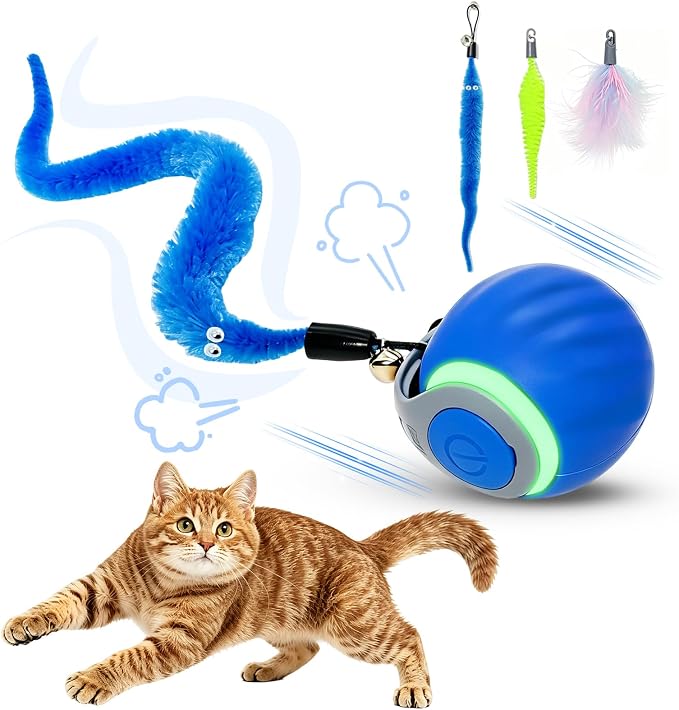 Interactive Cat Toy Ball - Automatic Moving Cat Ball for Indoor Cats with 3 Tails, Rechargeable Silent Kitten Toy for Boredom & Exercise, Rolling Ball Toy with 2 Modes & 2 Speeds. by Unknown