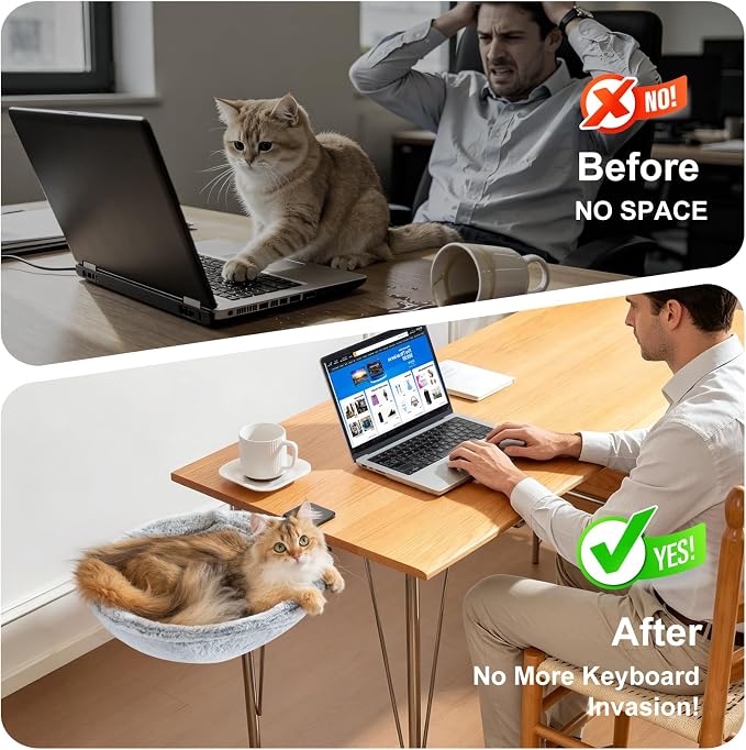Uross Cat Desk Bed, Space Saving Desktop Folding Cat Hammock, Work from Home Office Cat Accessories for Indoor Cats, 2 Interchangeable Covers (Cozy Plush & Breathable Mesh) for All Seasons-Grey - Image 5