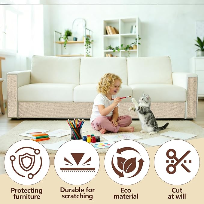 Cat Scratch Couch Furniture Protector,Trimmable Self-Adhesive Cats Claws Scratch Pads, Sisal DIY Climbing Couch Protector for Scratch Post Cat Tree Replacement Indoor(Khaki, 78.7"x15.8") - Image 4
