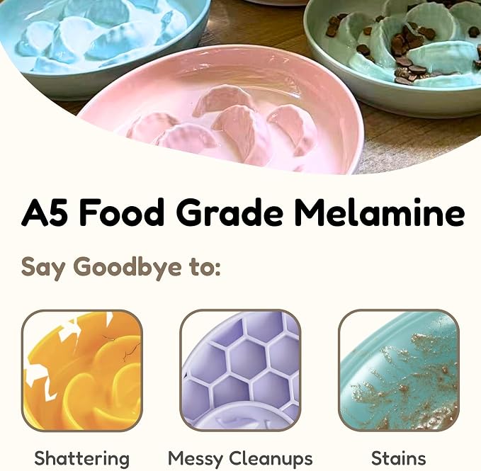 Slow Feeder Bowl for Cats and Small Dogs - Set of 3 Melamine Puzzle Cat Dish for Wet & Dry Food- Whisker Friendly & Dishwasher Safe & Non Slip Design (Pink +Blue + Green, 6.3" W × 1.2" H - Image 7