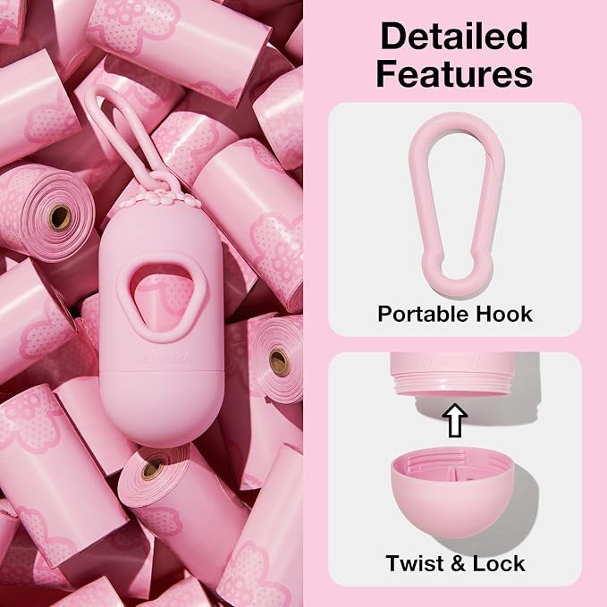 VETRESKA Dog Poop Bag Dispenser with 105 Cherry Blossom Scented Bags | Leak Proof and Extra Thick Pet Waste Bags, 1 Poop Bag Holder and 7 Rolls for Dog Walking and Cats Litter - Image 4