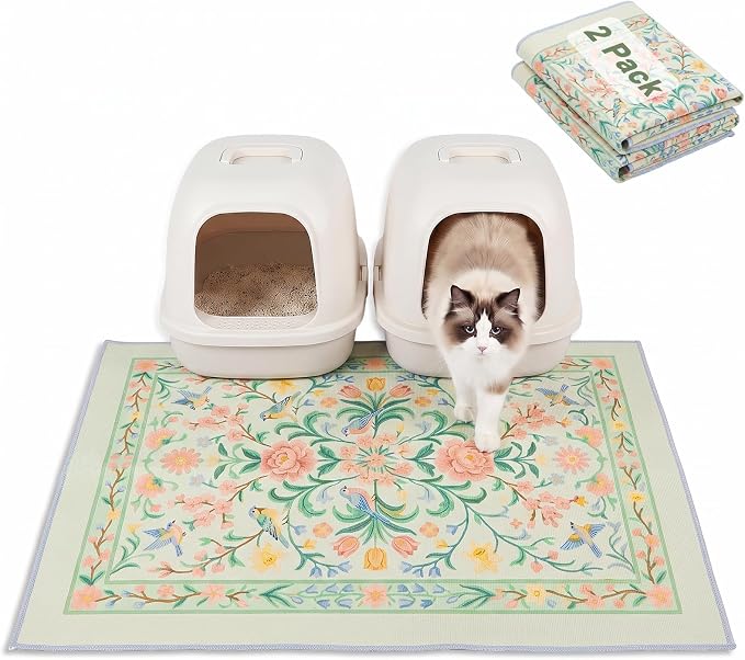 Bienbee Cat Litter Mat, 2PCS 33"x22" Machine Washable Litters Box Mats Non-Slip &Waterproof Cat Litters Trapping Mats Easy to Clean Mat for Litter Box Less Waste Protects Floors Pastel Green L by Bienbee