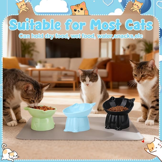 3 Pcs Elevated Cat Bowls 15°Raised Cat Food Bowl with Silicone Mat Green | Whisker Friendly Anti Vomiting Cats Dishes Pet Food and Water Bowls for Indoor Cats Kittens - Image 2