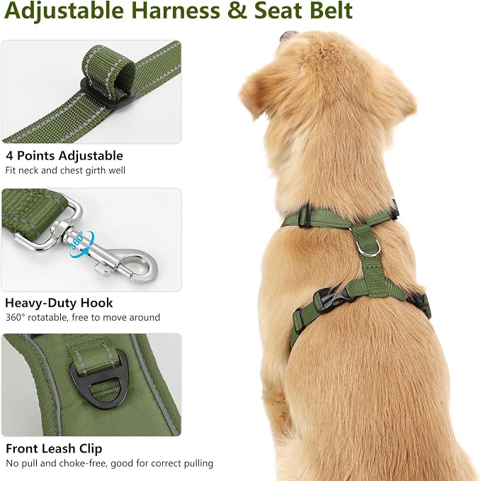 VavoPaw Dog Seat Belt Vest Harness for Car, 2 in 1 Seatbelt Buckle | Breathable Mesh, Adjustable Buckle, Reflective Straps, Heavy Duty Pet Safety Seat Belts for Small Medium Large, Army Green, M - Image 4