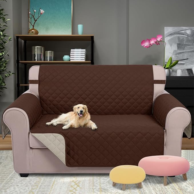 U-NICE HOME Loveseat Sofa Cover for 2 Cushion Couch, Brown/Beige | 54''Oversized Loveseat Cover Washable, Pet Friendly, Elastic Straps, Water Repellent, Furniture Protector for 2 Cushion - Image 2