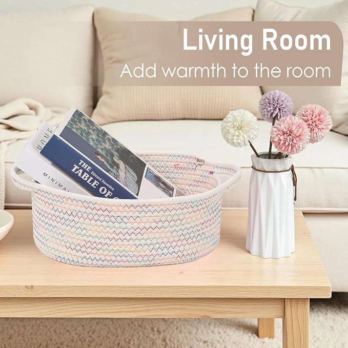 JMvicyroam Small Woven Basket, Empty Gift Basket, Colorful/1 Pack | Small Gift Basket, Cotton Rope, 12 x 8 x 48 in, Handles, Includes Ribbon and Bag, Birthday Gift Basket - Image 7