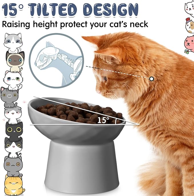 4 Pcs Ceramic Raised Cat Bowls, Elevated Tilted Cat Bowl for Food Water, Stress Free, Backflow Prevention, Dishwasher Microwave Safe, Feeder Dish for Indoor Kitten, Small Dogs(White and Grey) - Image 3