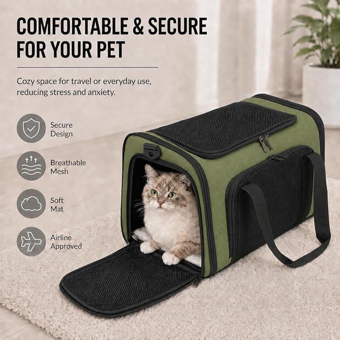 Pet Carrier for Cats and Dogs Up to 15 lb,Olive Green, Medium | 17 x 11 x 11 in, Airline-Compatible, Safety Leash, Luggage Sleeve, Foldable - Image 2