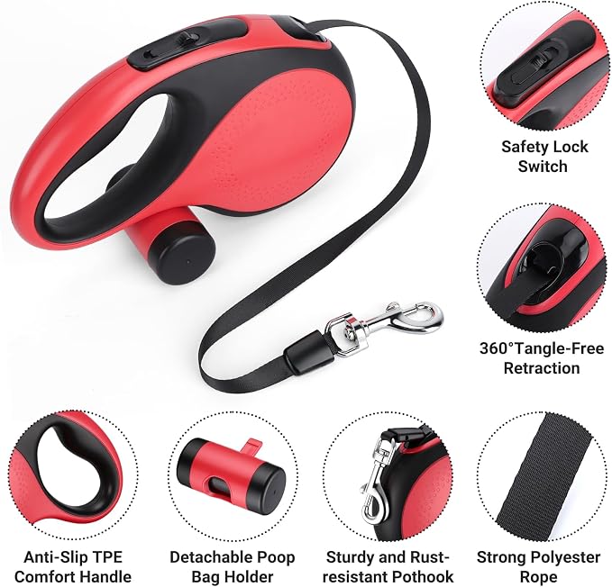 Segarty 16 Ft Retractable Leash with Waste Bag Dispenser, 5m Dog Leash Anti-Slip Handle and 360°Tangle-Free Retraction for Pets up to 66 lbs, Dogs Walking Accessories with One-Handed Brake Pause Lock - Image 3